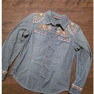 Double D Ranch Womens XS Blue Denim Embroidered Floral Western Button Up Shirt